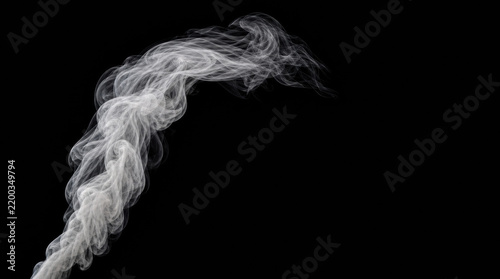 White smoke plume curling upward against black background, creating delicate abstract arc with soft translucent texture and dramatic contrast for atmospheric design