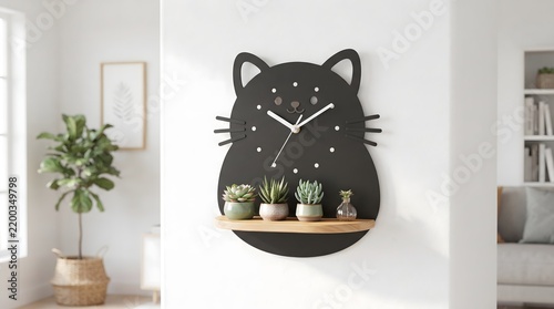Obraz na płótnie Black Cat Face Wall Clock & Shelf Combo 