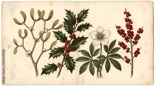 Antique botanical engraving of winter plants including mistletoe and holly