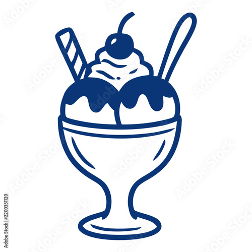 Blue ice cream sundae icon with a cherry and wafer cookie in a glass bowl line art illustration