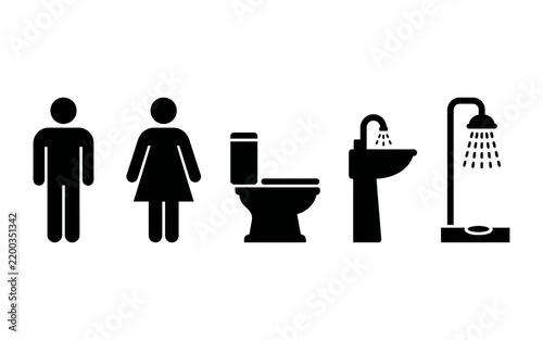 Black bathroom icons set with man woman toilet sink and shower symbols isolated on white background