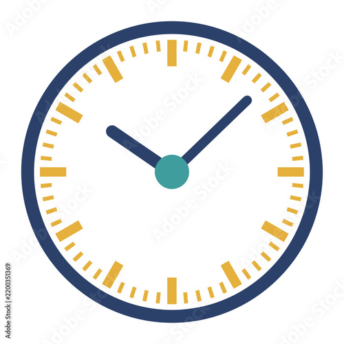 Simple round wall clock icon with blue and yellow design isolated on a white background