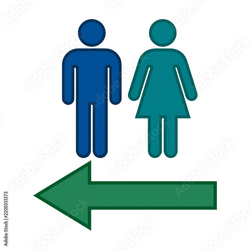 Man and woman restroom sign icon with a green arrow pointing to the left on a white background
