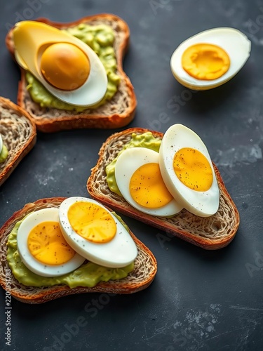 Whole grain bread slices with avocado spread and sliced eggs, toast, nutritious