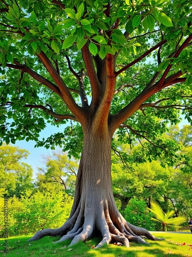 Tree with green leaves, brown trunk, and roots, outdoor scene, foliage illustration