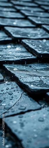 Slate roof glistens with raindrops as hailstones impact in close-up, slate roof, close-up