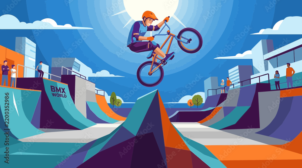 Fototapeta premium A striking flat design vector illustration showcasing a BMX rider mid-air, executing an impressive tailwhip trick over a ramp in a skate park, embodying the thrill of extreme action sports.