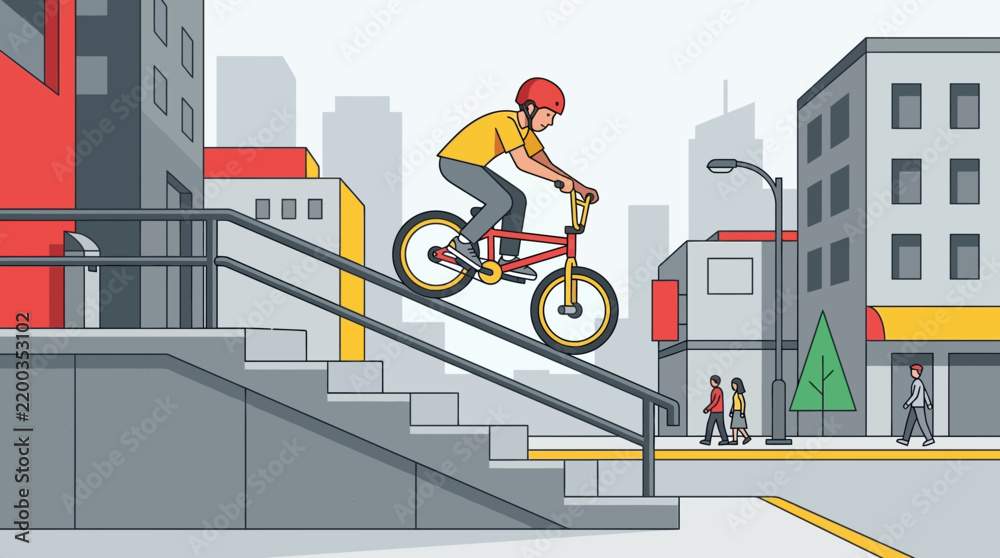 Obraz premium This flat design vector illustration depicts a BMX rider performing a daring grind on a street handrail, capturing the essence of street freestyle and urban adventure. 