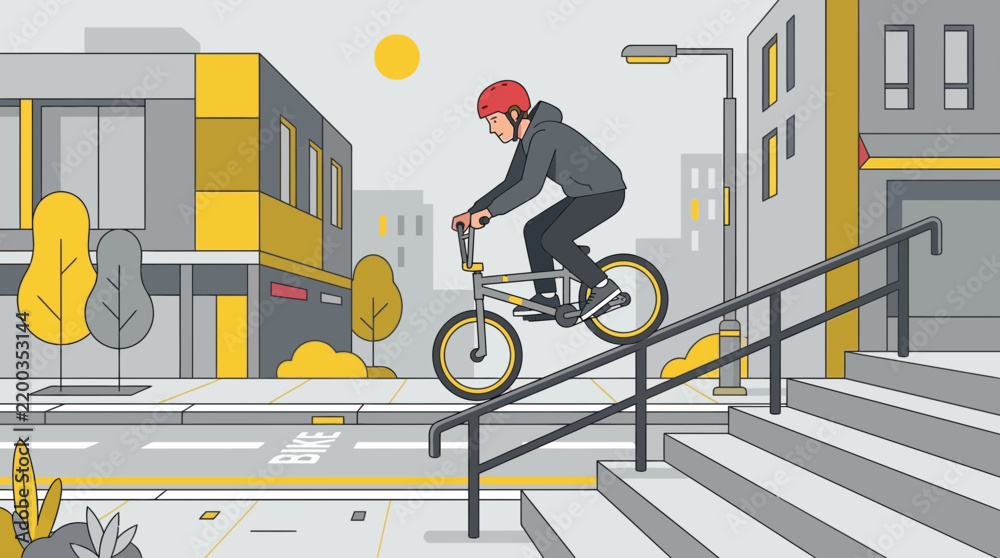 Fototapeta premium This flat design vector illustration depicts a BMX rider performing a daring grind on a street handrail, capturing the essence of street freestyle and urban adventure. 