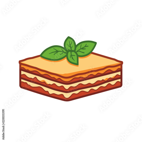 A delicious square slice of layered lasagna pasta with green basil leaves on top isolated on transparent background, Vector