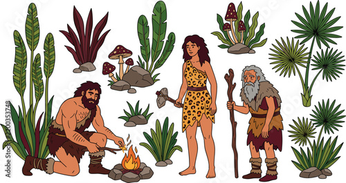 фотографія Prehistoric Stone Age Caveman Character Set Featuring Primitive People with Bonf