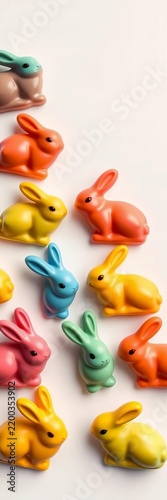 Colorful chocolate bunnies on white background, treats, sweets