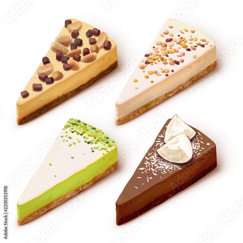 Traditional dessert - cheesecake with cream isolated on a white background. Realistic style. Sweets with decor. Colorful illustration.