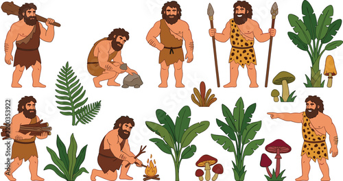 Quadro su tela Prehistoric Stone Age Caveman Clan Character Set Featuring Primitive Tribal Peop