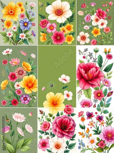 Collection of whimsical floral designs featuring colorful blooms and lush greenery, greenery, vector