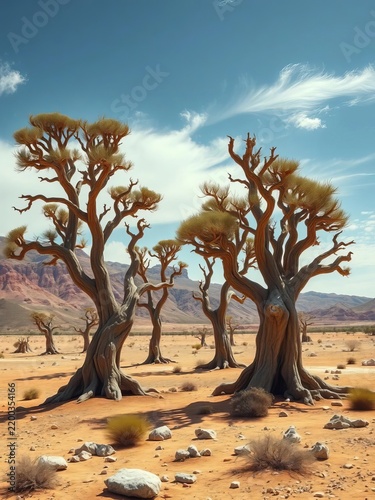 Ancient, fossilized trees standing amidst a desolate landscape, ||fossil tree, obsidian age