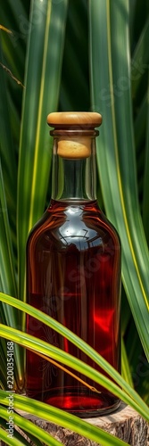 Amber glass bottle with wooden cap on cork, nestled among palm leaves, ||amber glass, leafy arrangement