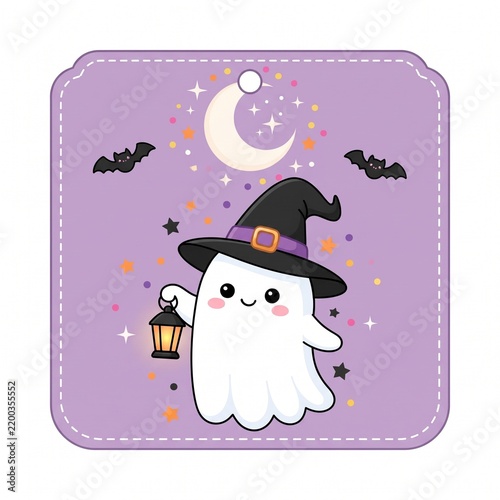 Cute Halloween Gift Tag with Ghost Witch Hat Lantern Moon and Bats.