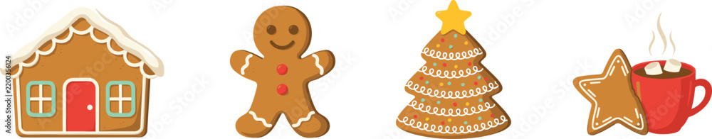 Obraz premium Christmas Gingerbread Cookie Vector Set with Gingerbread House Man Tree Star and Red Mug of Hot Cocoa with Marshmallows Designs