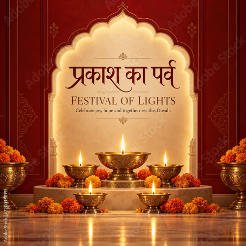 Elegant Diwali festival design featuring glowing brass diyas, marigold flowers and ornate golden decorations beneath a traditional arch, celebrating the festival of lights, prosperity, joy, tradition