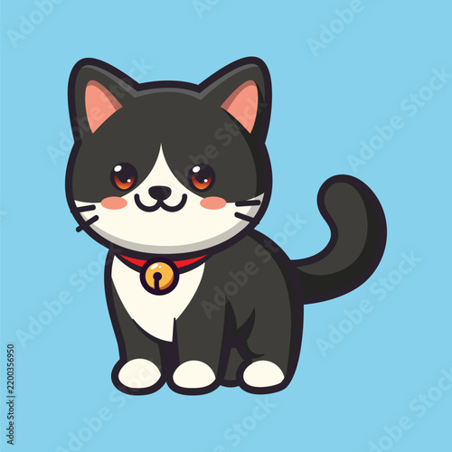 Cartoon black and white cat with red collar sitting upright on blue background
