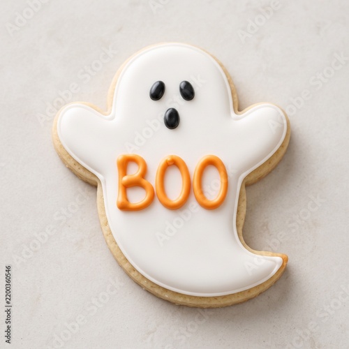 Cute Halloween Ghost Sugar Cookie with Bright Orange BOO Lettering.