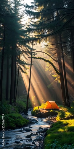 Misty morning light filters through forest canopy, illuminating campsite nestled by river, camping, nature