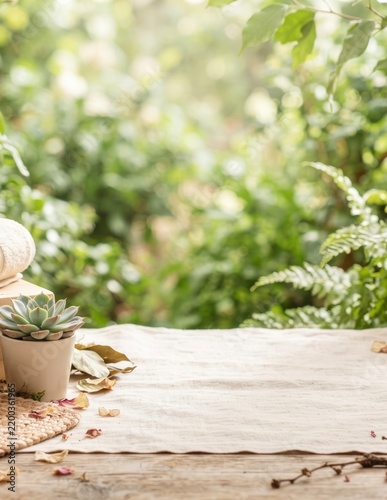 Succulent Plant on Linen Table with Blurred Green Garden Background for Product Photography