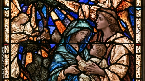 Stained glass depiction of the Madonna with the Christ Child, accompanied by Joseph and angels within luminous colored panels, intricate leaded glasswork and sacred iconography