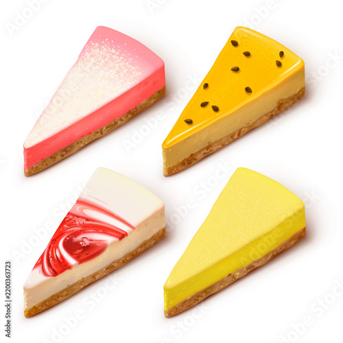 Traditional dessert - cheesecake with cream and jam isolated on a white background. Realistic style. Sweets with decor. Colorful illustration.