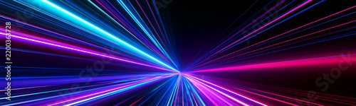 Radiant beams of blue and magenta light converge in a dark space. The streaks vary in thickness and create a symmetrical, linear pattern. This energetic image is ideal for futuristic and.