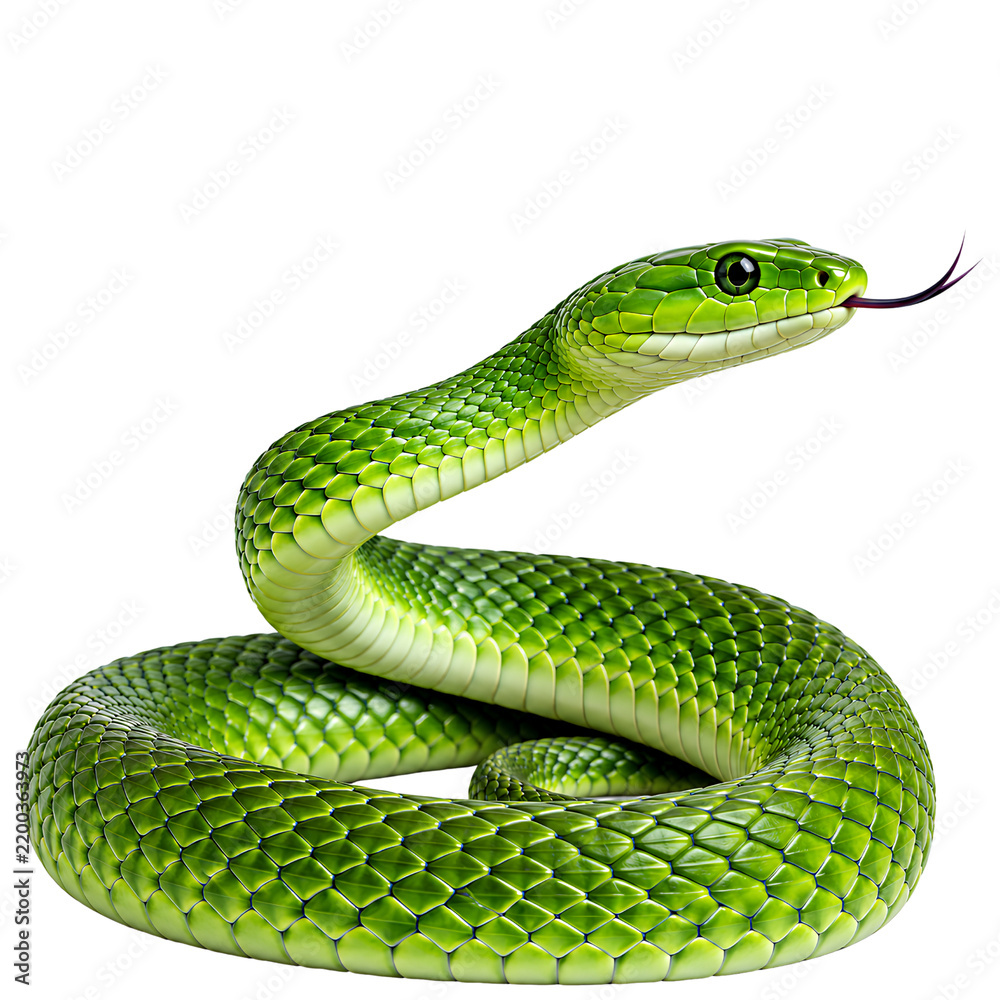 Fototapeta premium Realistic Green Snake Coiled with Tongue Out Isolated on Transparent Background
