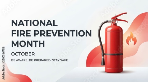 Fire prevention month awareness poster with fire extinguisher