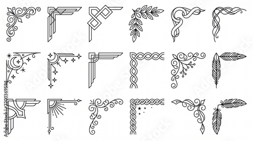 Set of decorative black line corner ornaments featuring vintage art deco floral swirls geometric borders moon celestial flourishes and feather elements for page frames and certificate borders