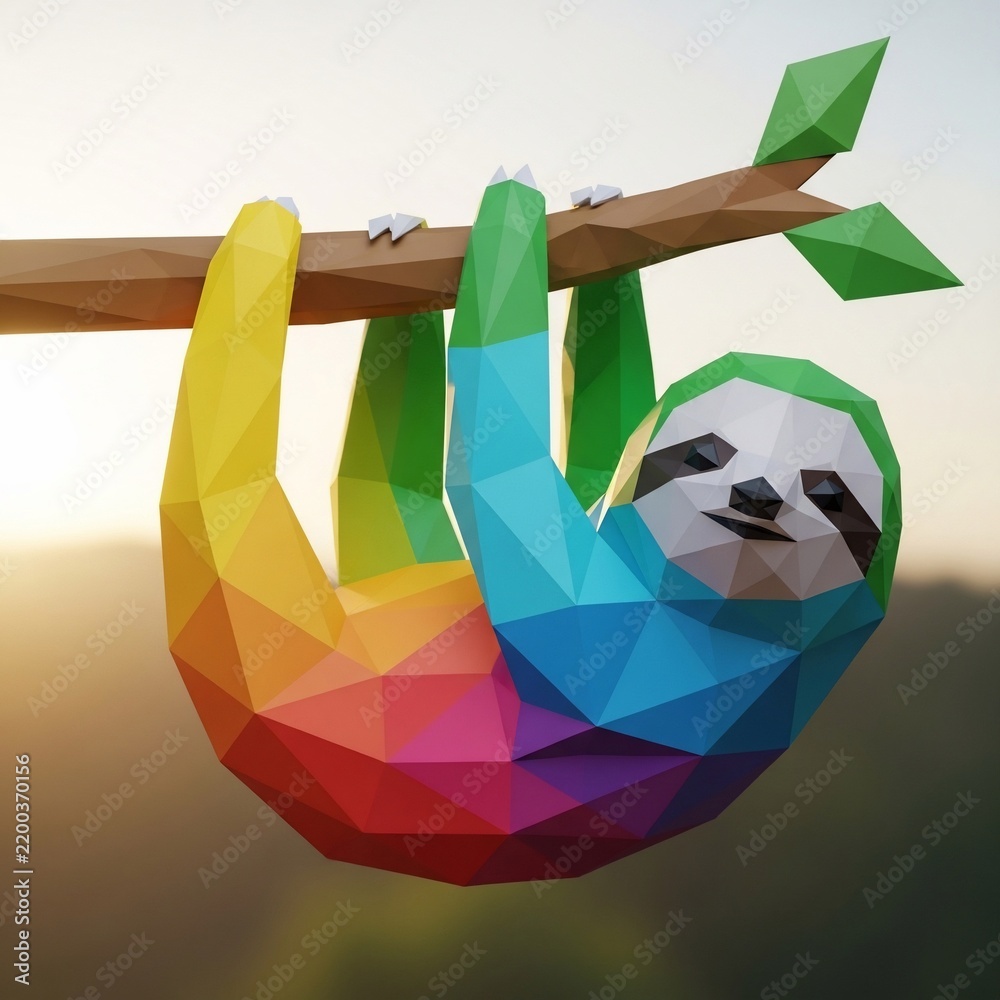 Obraz premium Colorful Low Poly Sloth Hanging on a Tree Branch
