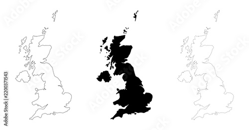Set of United Kingdom map outlines, dash line and silhouette.
