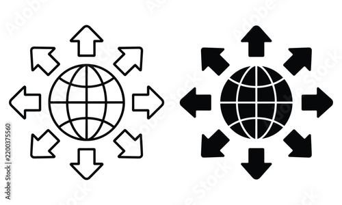 Two minimalist globe icons with arrows pointing outward representing ambitious global expansion on a bright white backdrop.