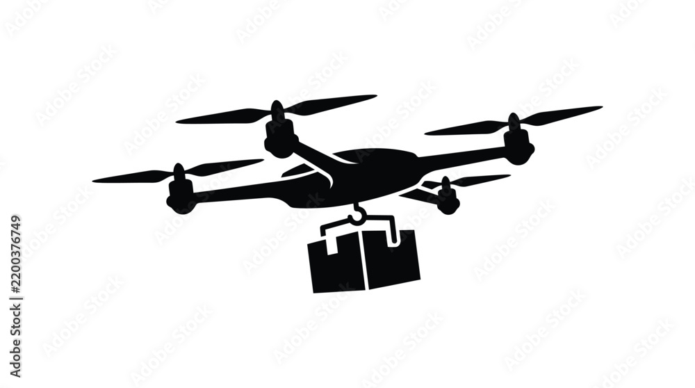 Fototapeta premium Delivery drone carrying a package is depicted as a black silhouette quadcopter