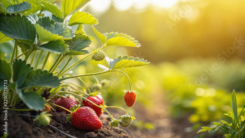 Obraz na plátně Ripe strawberries on green plants in home garden under sunlight with berry bush