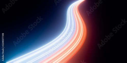 Curved blue and red light trails on dark background