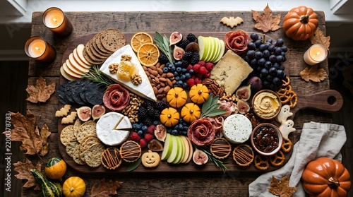 Festive Halloween Grazing Snack Board with Assorted Cheese, Crackers, Fruits, Nuts, Desserts, and Decorative Autumn Accents