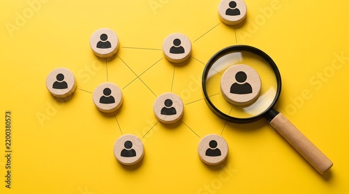 Human resources concept with wooden pieces and magnifying glass on yellow background