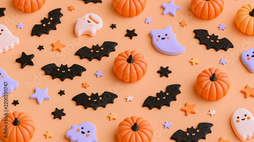 Fototapeta カボチャ、コウモリ、おばけのかわいいハロウィン背景