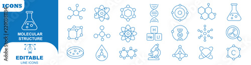 Chemistry, Molecular Structure line icon set. Molecule, DNA, atom, chromosome, niacinamide, collagen, acid linear minimal vector illustration. Simple outline sign. 48x48 Pixel Perfect. Editable Stroke