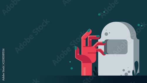 Halloween Zombie Hand Emerging Beside Tombstone With Copyspace Dark Background