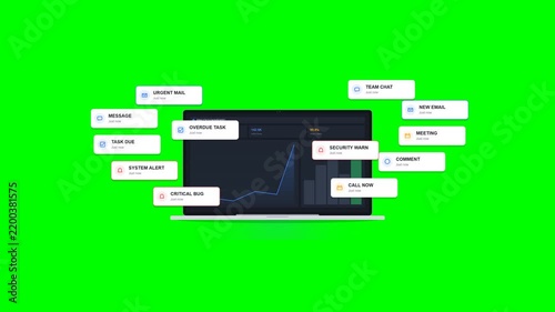 An isolated sleek laptop displaying an analytics dashboard on a pure Chroma Key Green Screen background becomes overwhelmed by accumulating notification cards before activating Do Not Disturb mode. Se