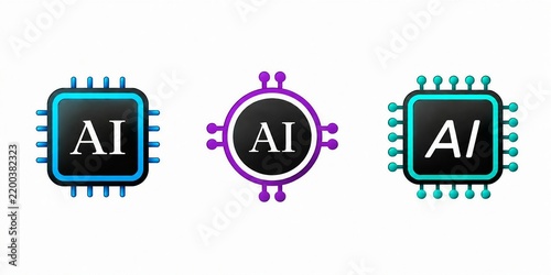 Modern ai chip icons set with circuit design and virus shape