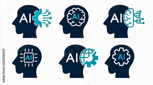Set of six artificial intelligence brain icons with futuristic neural network designs