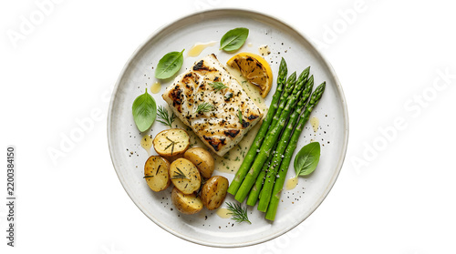 Roasted white fish fillet served with fresh asparagus and roasted potatoes seafood dish dinner plate baked fish balanced meal restaurant food basil leaves