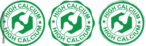 High calcium green stamp set, healthy bone joint supplement icons, 3 vector circular labels for dairy and mineral product packaging on transparent background